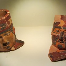 Heads of the Wari culture (700 - 1100 AD) in the museum Museo Arqueologico Hipolito Unanue